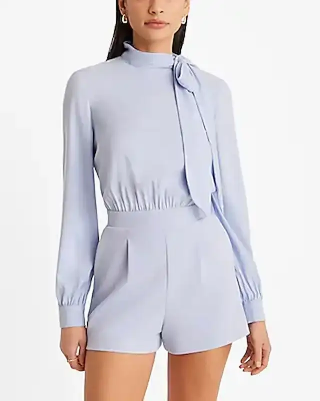 tie neck long sleeve romper