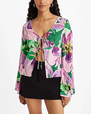 floral v-neck kimono sleeve double tie front top