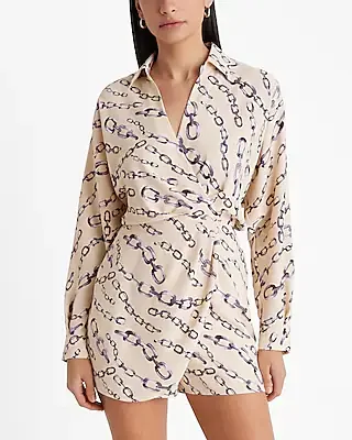 printed deep v-neck surplice shirt romper