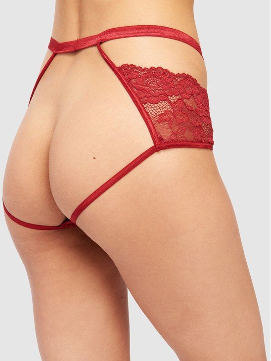 Desiree Lace Crotchless High Waist Hipster - Red Dahlia / M