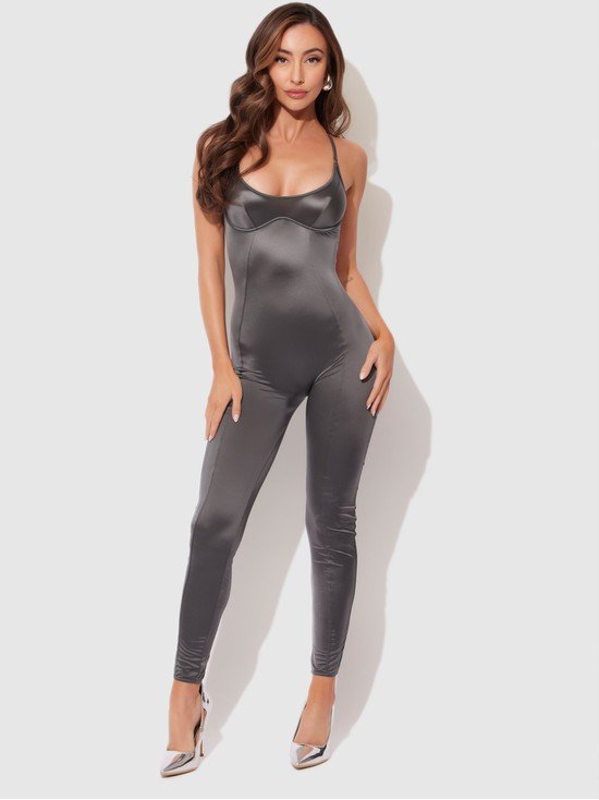 Neev Oil Slick Twist Halter Catsuit - Graphite / S