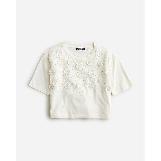 Cropped T-shirt with crochet floral appliqués