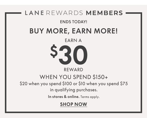 Buy More Earn More! Earn a \\$30 REWARD when you spend \\$150+, \\$20 when you spend \\$100 or \\$10 when you spend \\$75 in qualifying purchases.