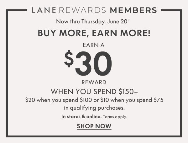 Buy More Earn More! Earn a \\$30 REWARD when you spend \\$150+, \\$20 when you spend \\$100 or \\$10 when you spend \\$75 in qualifying purchases.