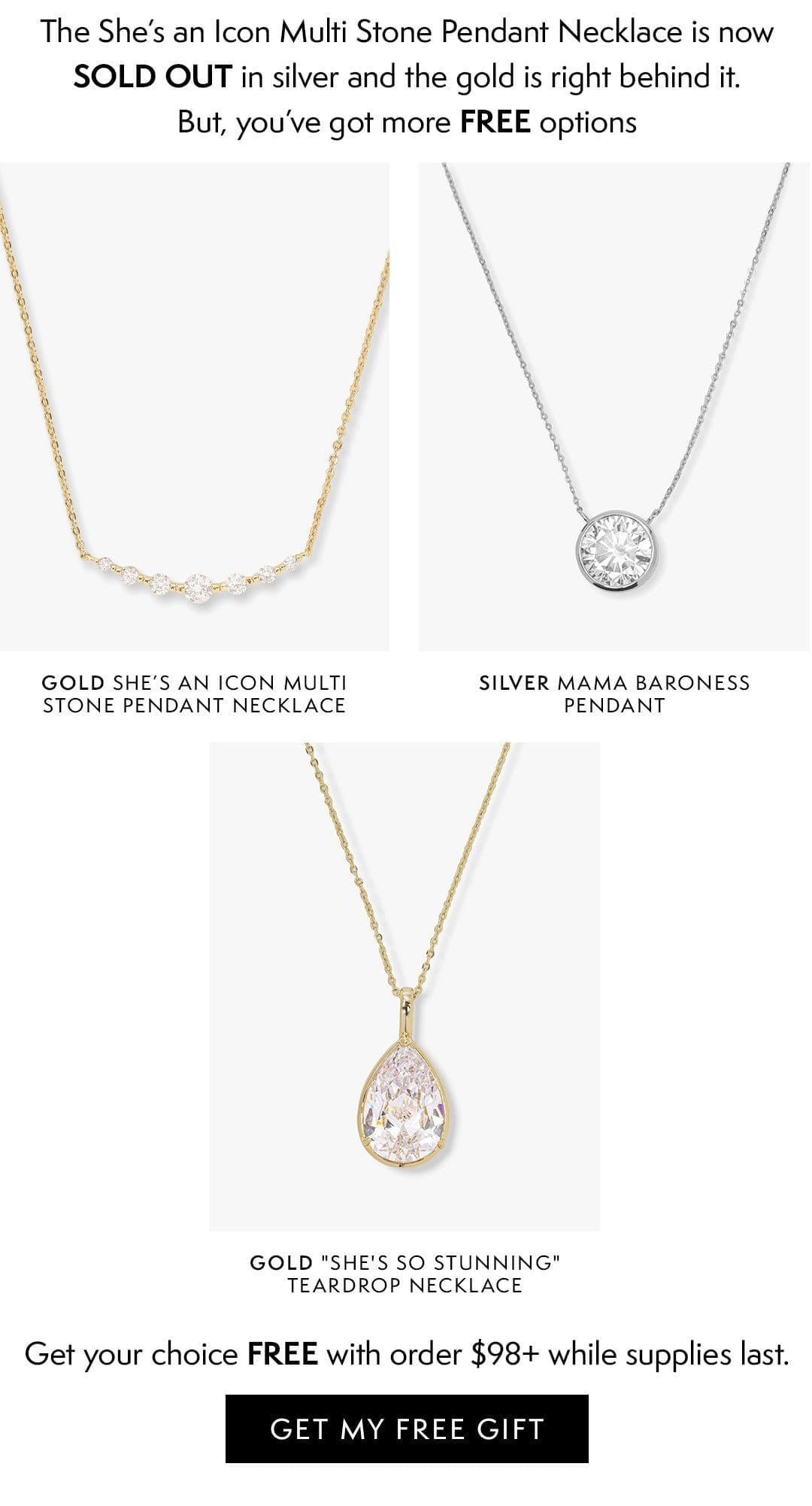 Get the NEW She's an Icon Multi Stone Pendant Necklace, a \\$78 value, FREE with orders \\$98+ Gift someone you love or show yourself some love while we can keep them in stock