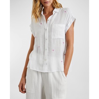 Whitney Palm Tree Embroidered Button-Front Shirt 