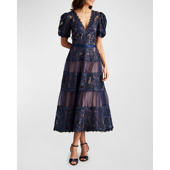 Tiered Puff-Sleeve Sequin Lace Midi Dress