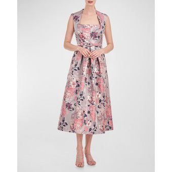 Lizabeth Pleated Floral Jacquard Midi Dress