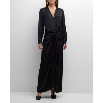 V-Neck Long-Sleeve Satin Knotted Maxi Dress