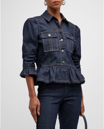 Delanie Scrunched-Sleeve Peplum Denim Jacket