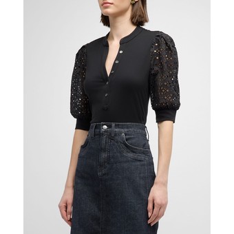 Coralee Lace Sleeve Button-Front Top