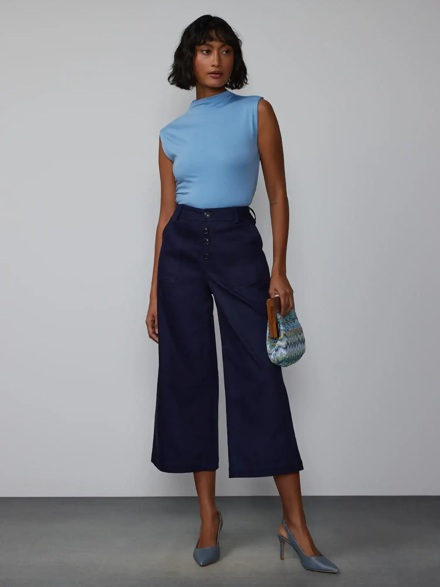 Image of 4 Button Wide Leg Twill Cropped Pant