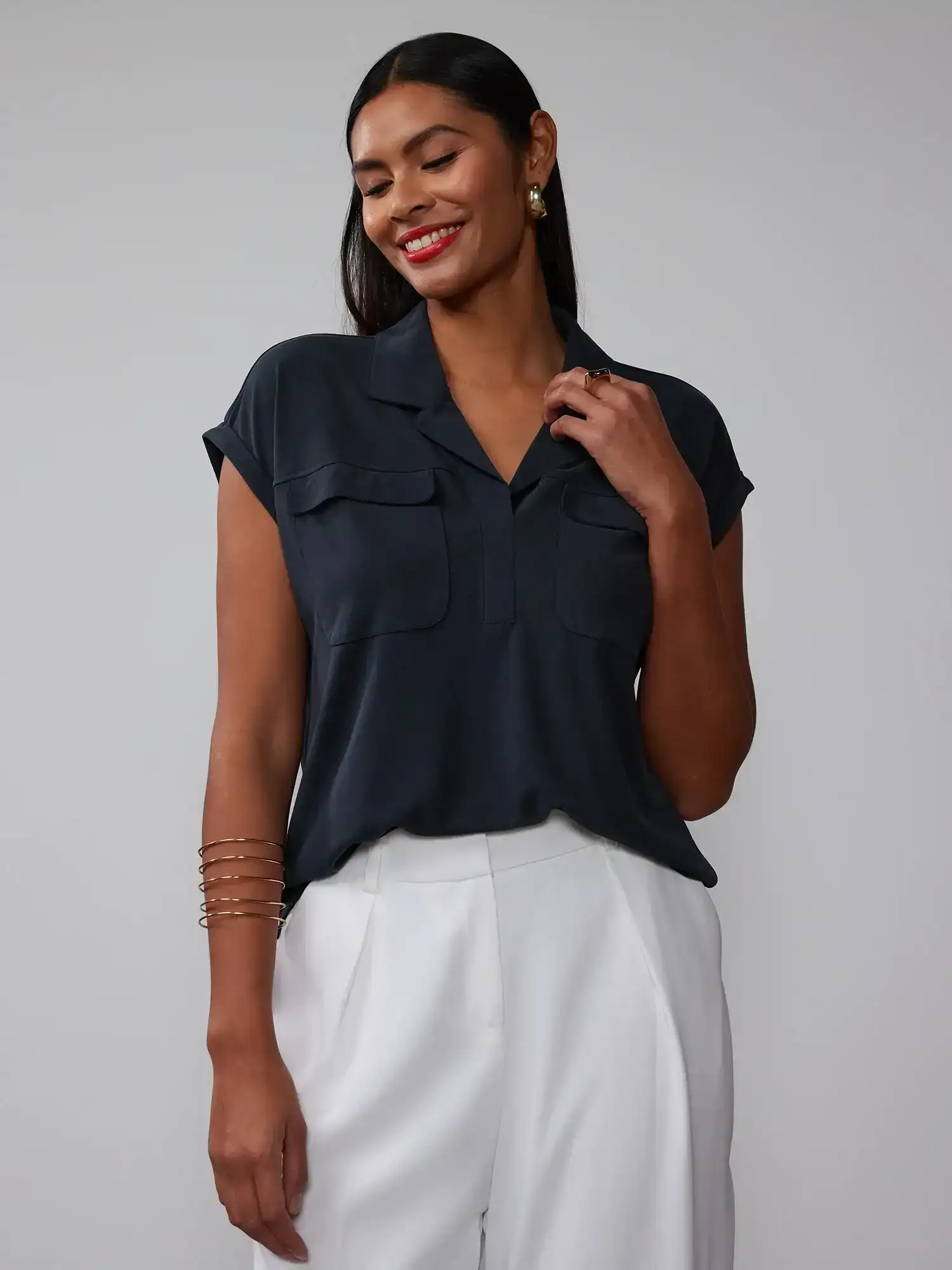 Image of Short Sleeve Cupro Utility Collared Top