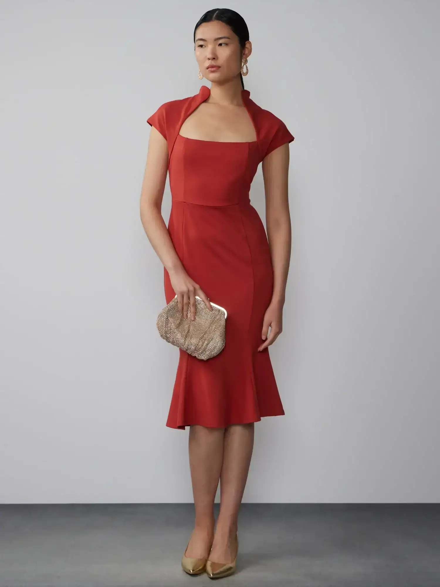 Image of Square Neck Flare Hem Sheath Dress