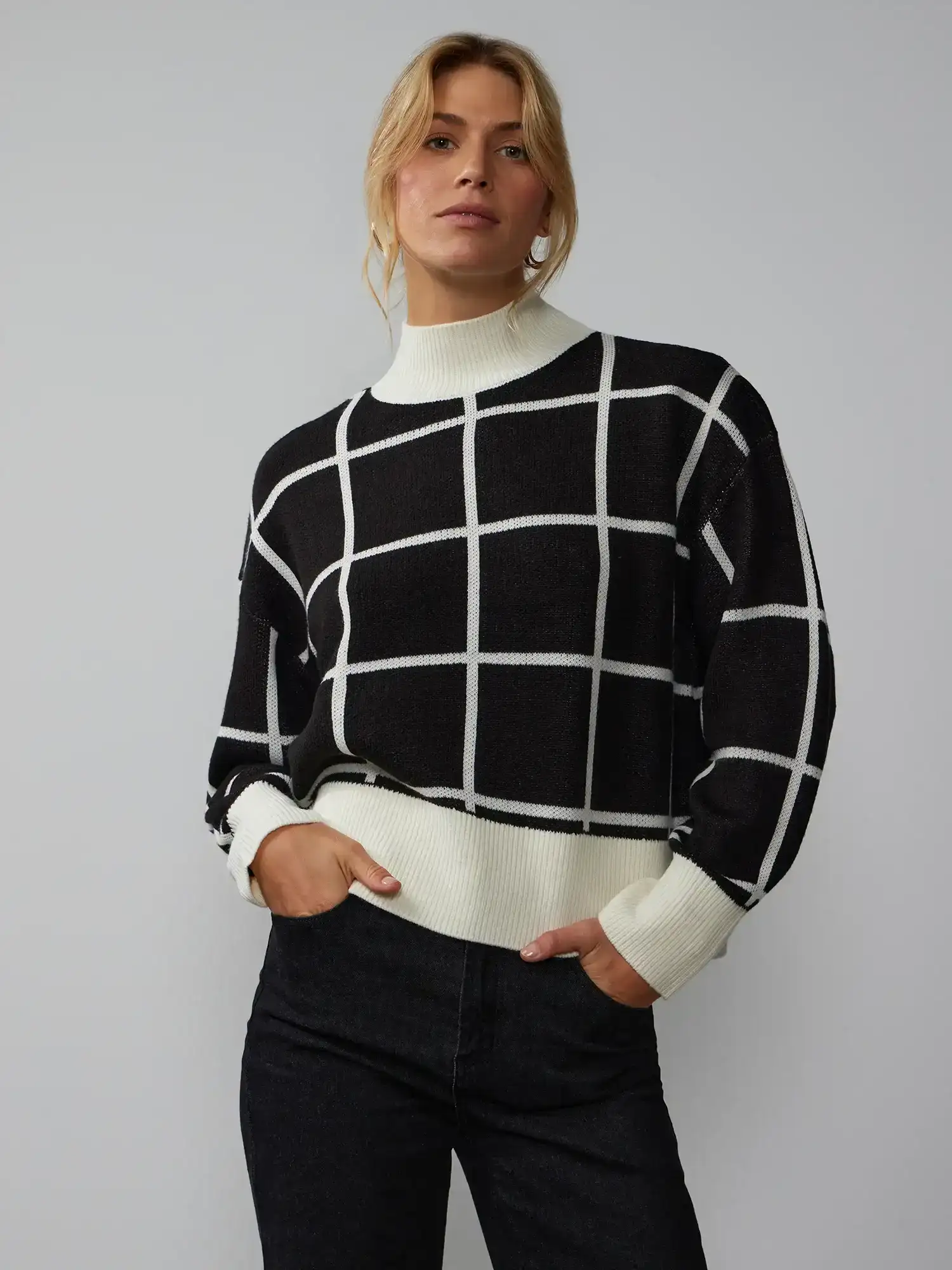 Image of Long Sleeve Plaid Mock Neck Sweater