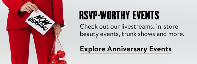 Now serving: RSVP-worthy Anniversary Sale events. Woman wearing a red suit.