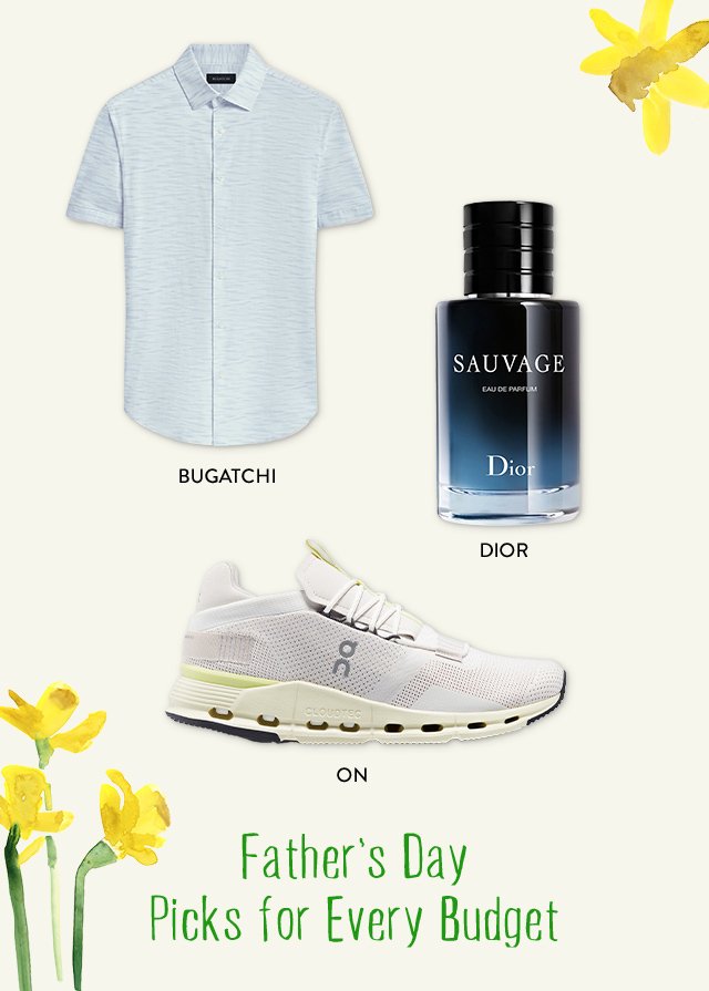 Our Father's Day Gift Guide Has It All; a short-sleeve button-up shirt, a bottle of cologne and a running shoe.