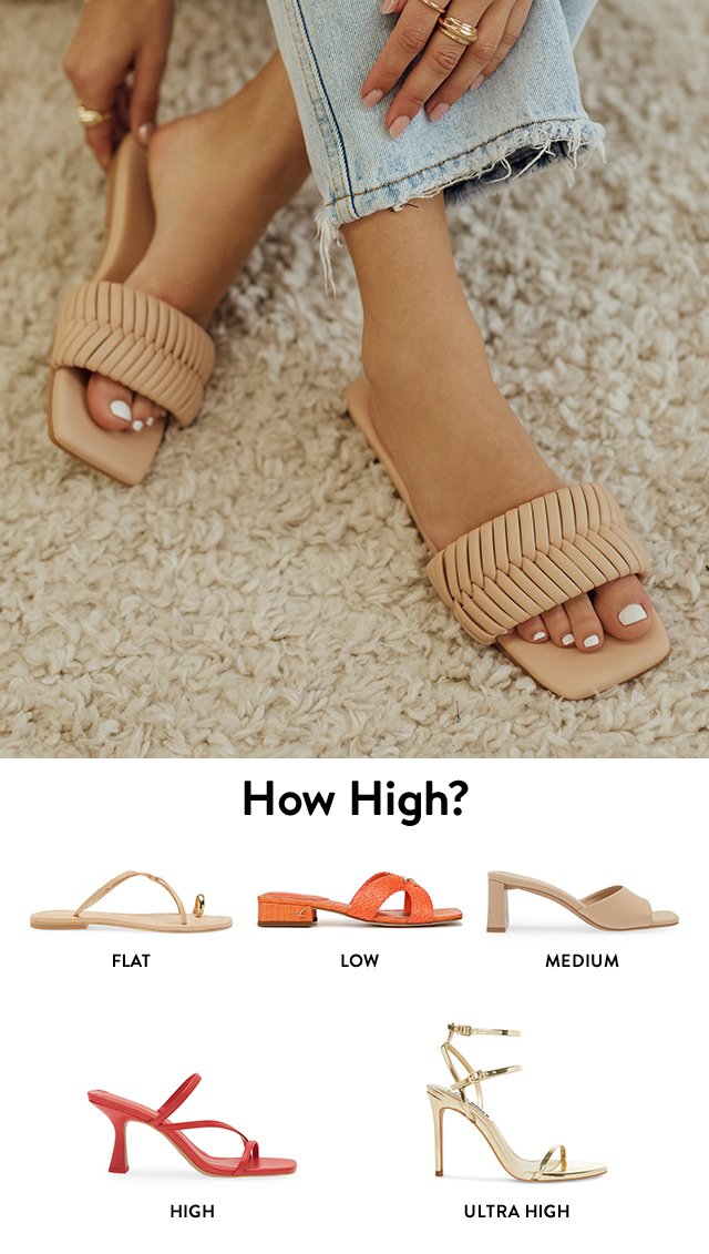 Woman wearing flat slide sandals. Strappy flat sandal. Low-heeled slide sandal. Medium-high slide sandal. Strappy, high-heeled sandal. Ultra-high, ankle-strap sandal.