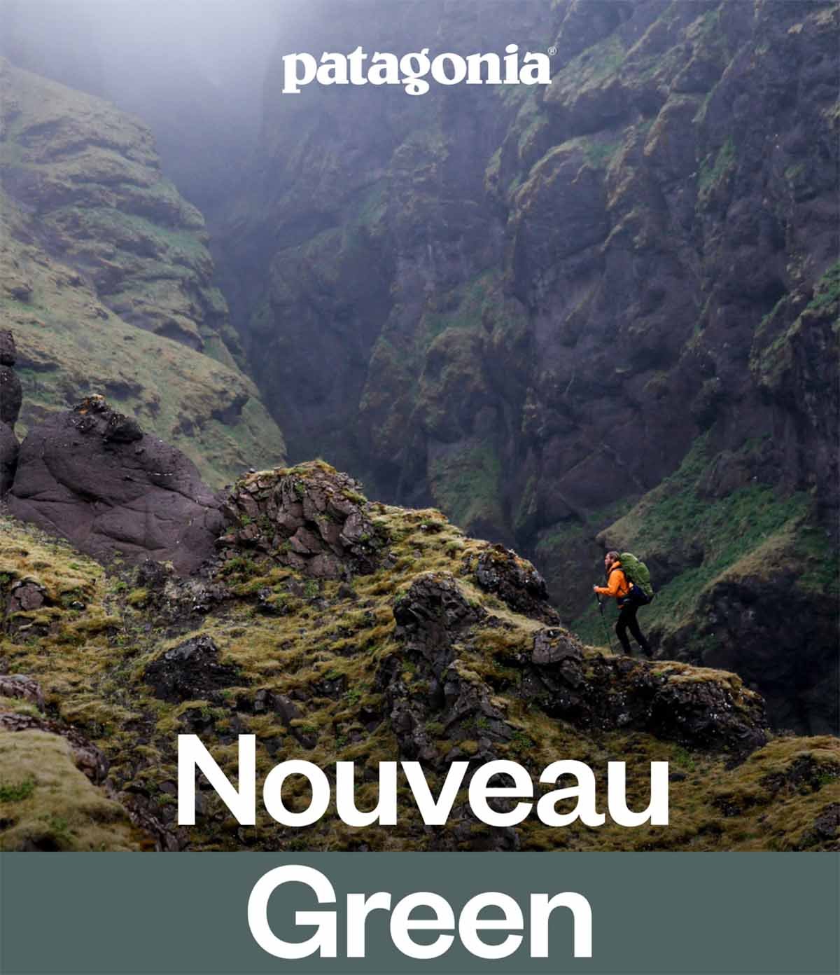 Patagonia. A hiker ascends a steep, green canyon in Iceland. Nouveau Green 