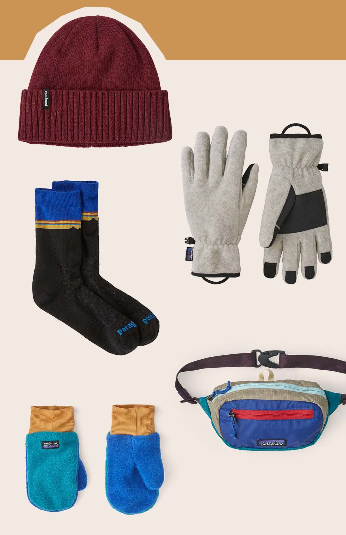 An assortment of small gifts like beanies, socks, gloves and more. 