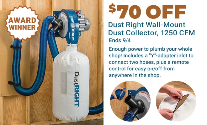 Save \\$70 on the Rockler 1250 Wall-Mount 1250 CFM Dust Collector - Ends 9/4