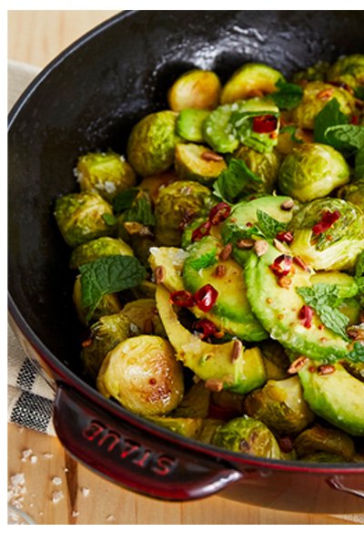 ROASTED BRUSSELS SPROUTS WITH AVOCADO AND LIME