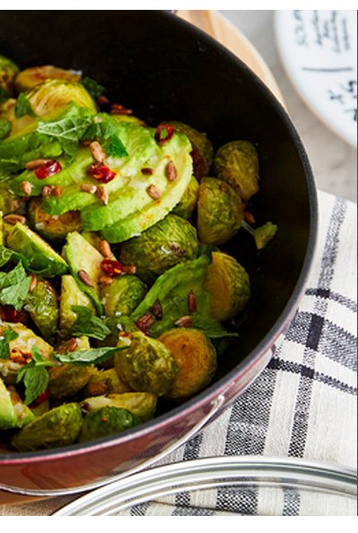 ROASTED BRUSSELS SPROUTS WITH AVOCADO AND LIME