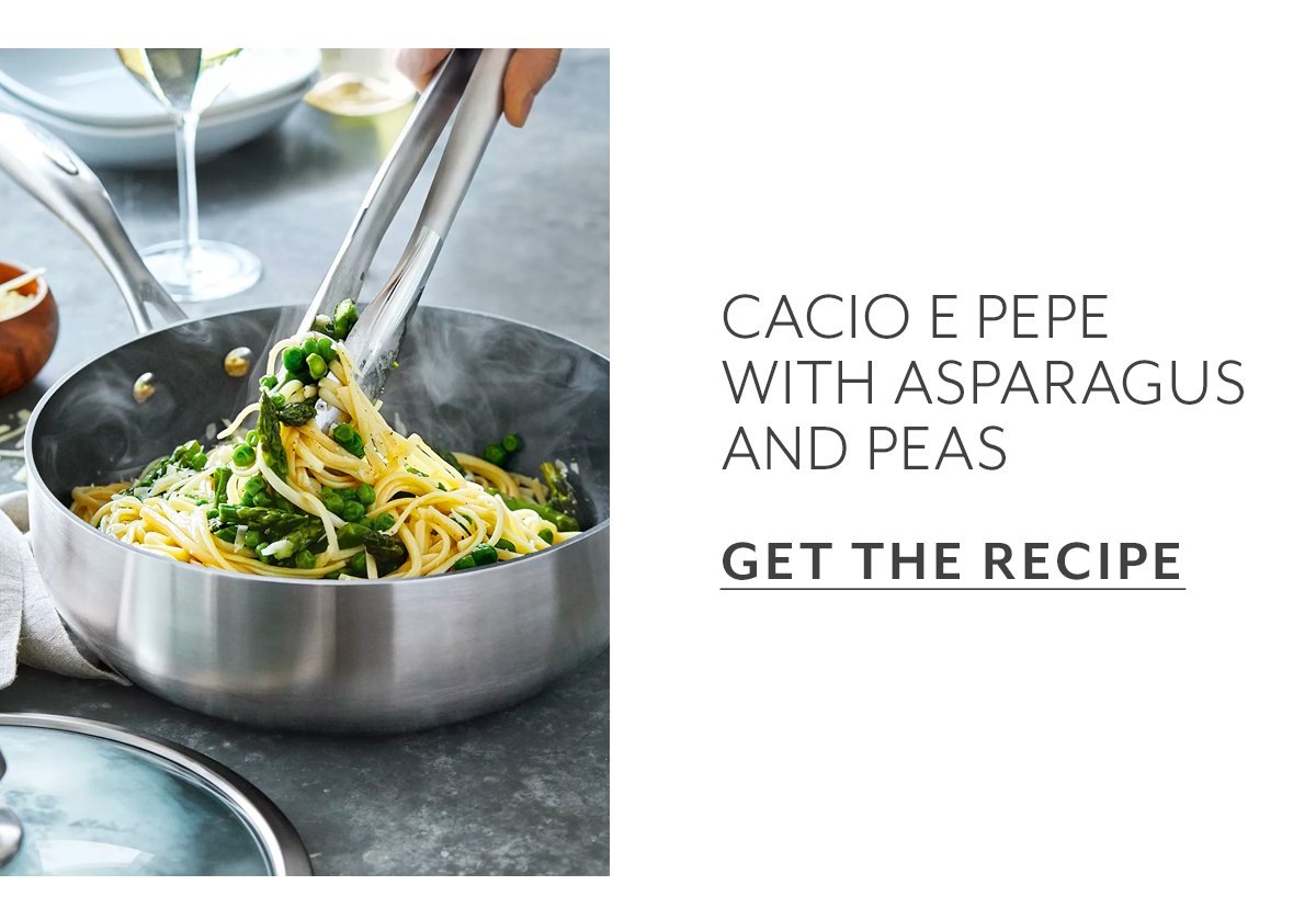 CACIO E PEPE WITH ASPARAGUS AND PEAS