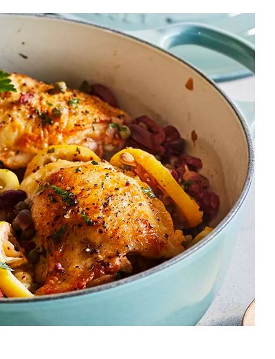 ROASTED CHICKEN THIGHS WITH CAPERS, OLIVES AND ROASTED LEMONS