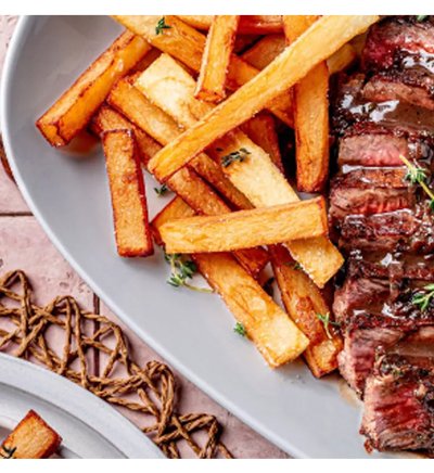 SEARED STEAK WITH A RED WINE PAN SAUCE & POMMES FRITES