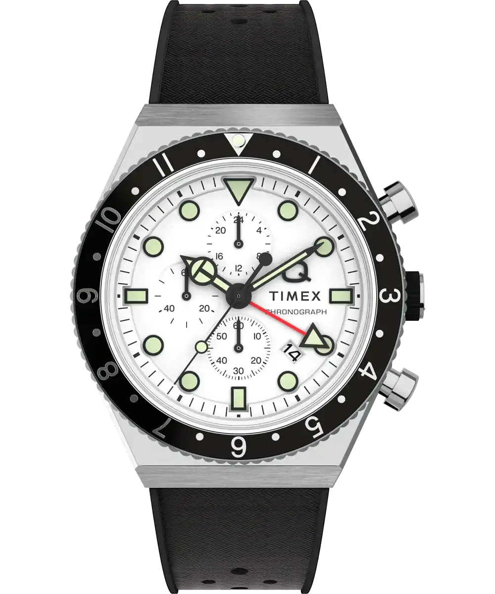 Image of Q Timex 3-Time Zone Chronograph 40mm Synthetic Rubber Strap Watch