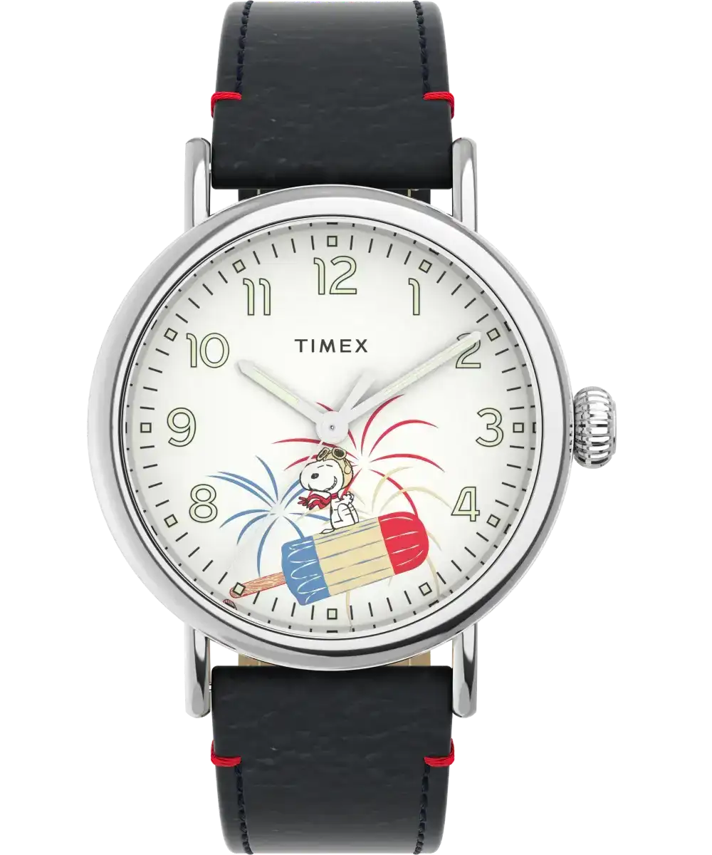 Image of Timex Standard x Peanuts Featuring Snoopy Fireworks 40mm Leather Strap Watch