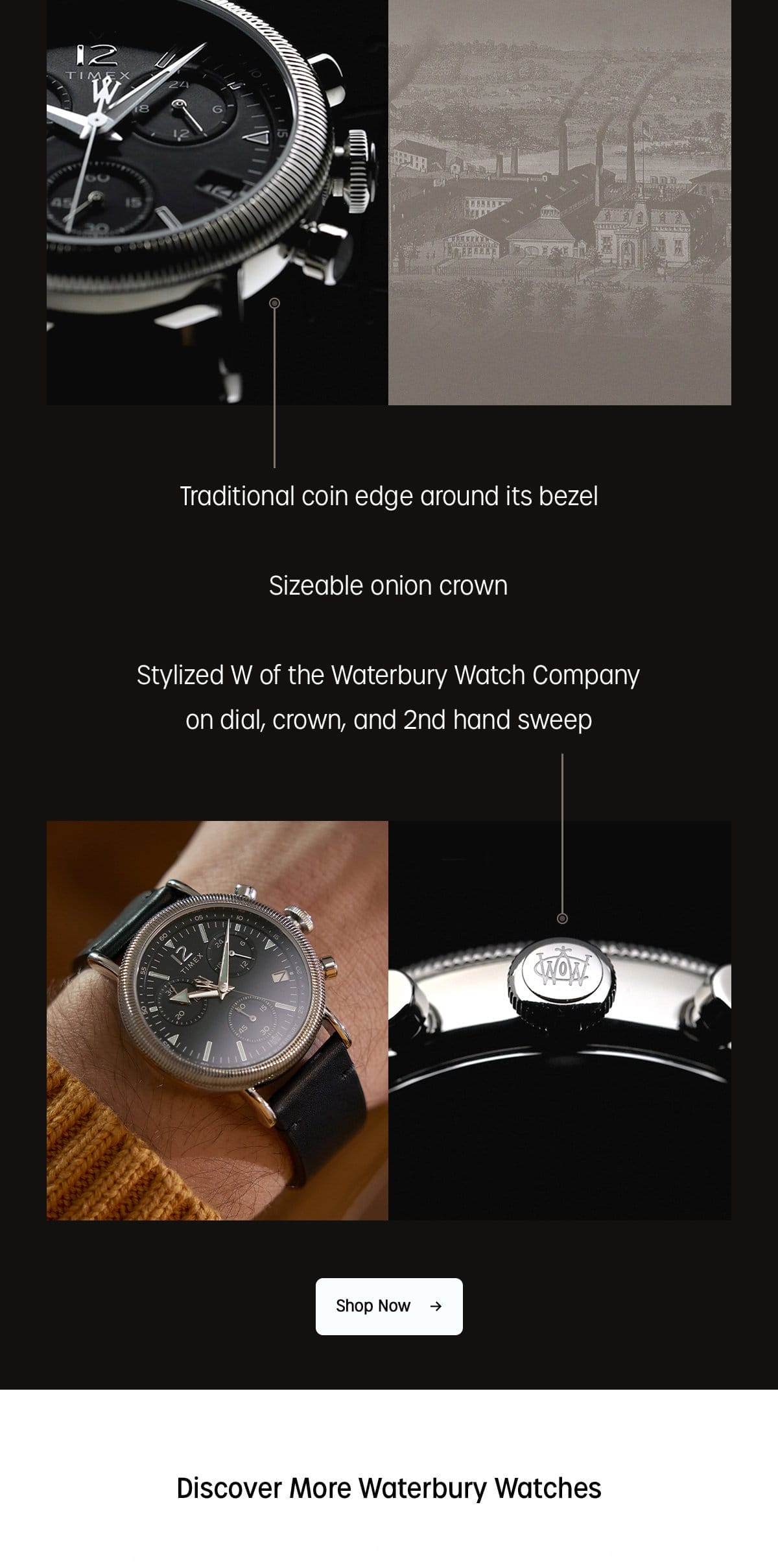 Traditional coin edge around its bezel | Sizeable onion crown | Stylized W of the Waterbury Watch Company on dial, crown, and 2nd hand sweep | Shop Now | Discover More Waterbury Watches