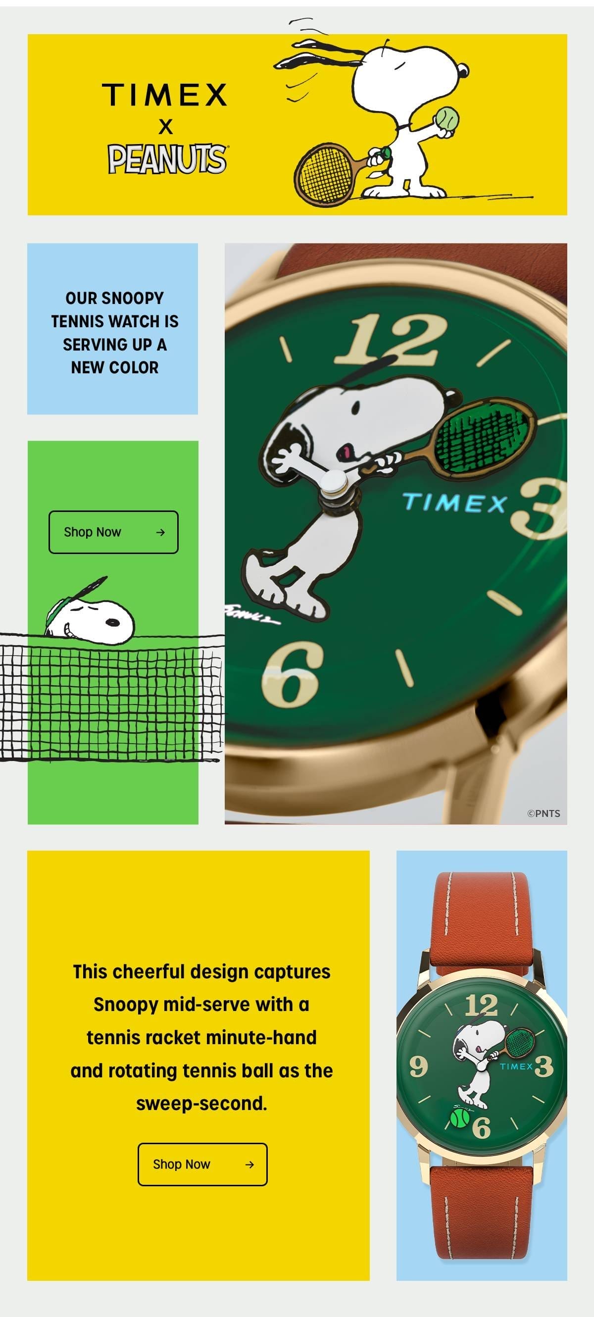 TIMEX X PEANUTS | OUR SNOOPY TENNIS WATCH IS SERVING UP A NEW COLOR | This cheerful design captures Snoopy mid-serve with a tennis racket minute-hand and rotating tennis ball as the sweep-second. | Shop Now