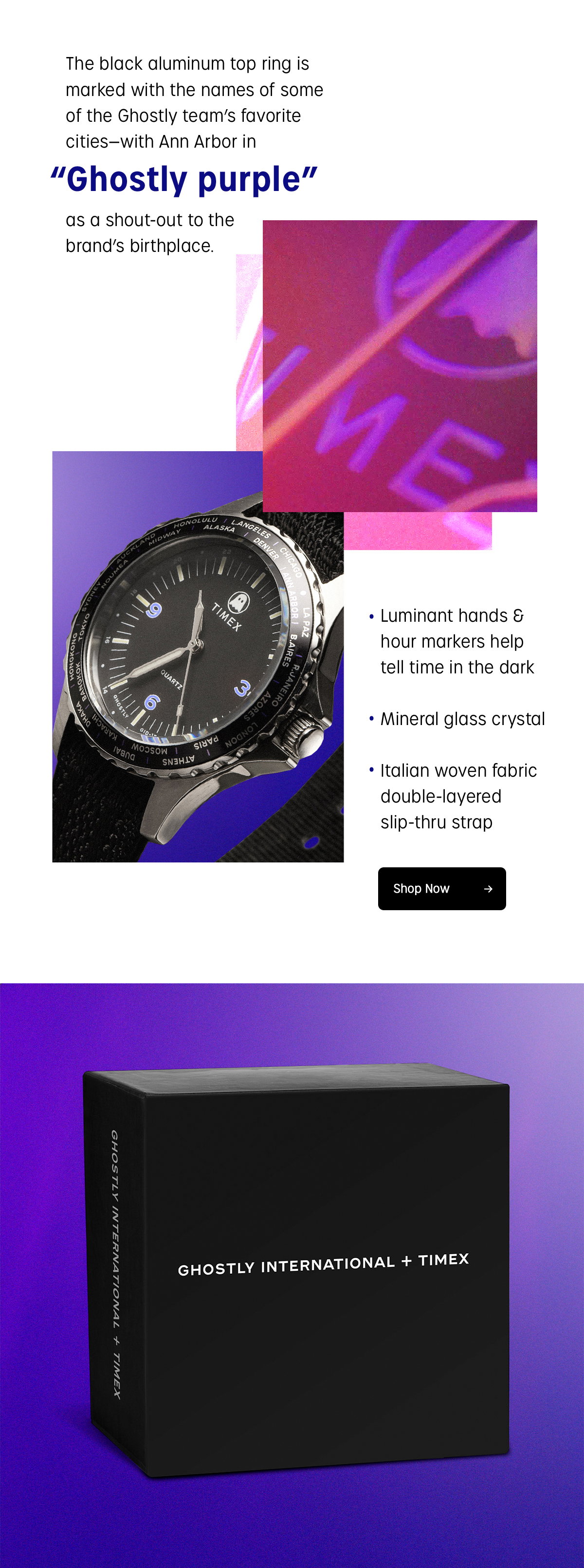 The black aluminum top ring is marked with the names of some of the Ghostly team's favorite cities-with Ann Arbor in "Ghostly Purple" as a shout-out to the brand's birthplace. | Luminant hands & hour markers help tell time in the dark | Mineral glass crystal | Italian woven fabric double-layered slip-thru strap | Shop Now
