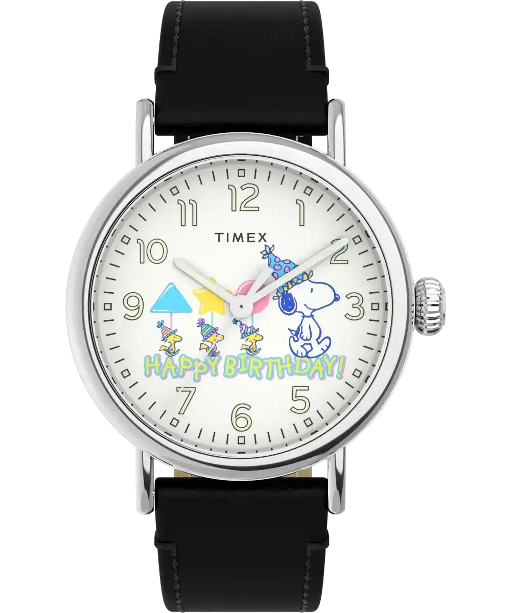 Image of Timex Standard x Peanuts Featuring Snoopy Happy Birthday 40mm Leather Strap Watch