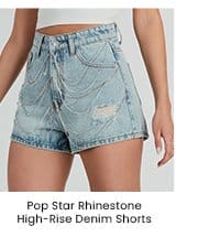 Pop Star Rhinestone High-Rise Denim Shorts