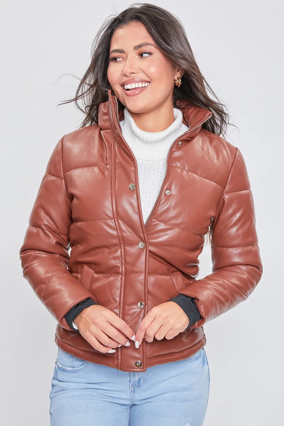Image of Women's Winter Pleather Puffy Jacket
