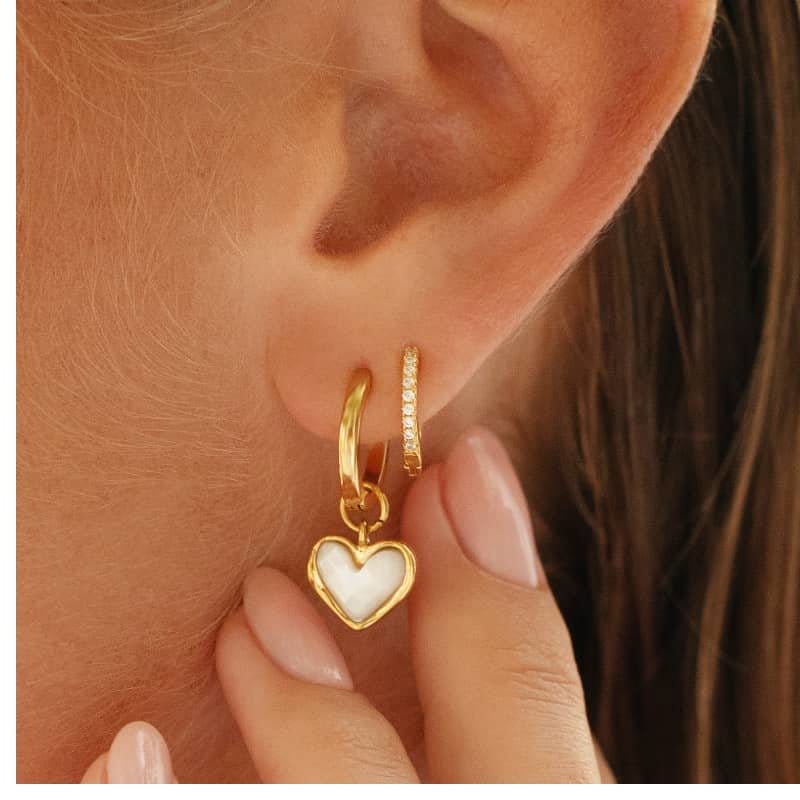 White Quartz Heart Huggie Earrings