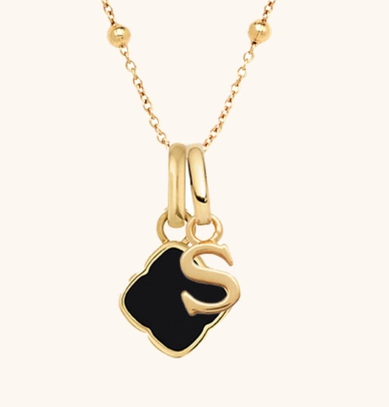 Black Enamel Clover & Initial Necklace