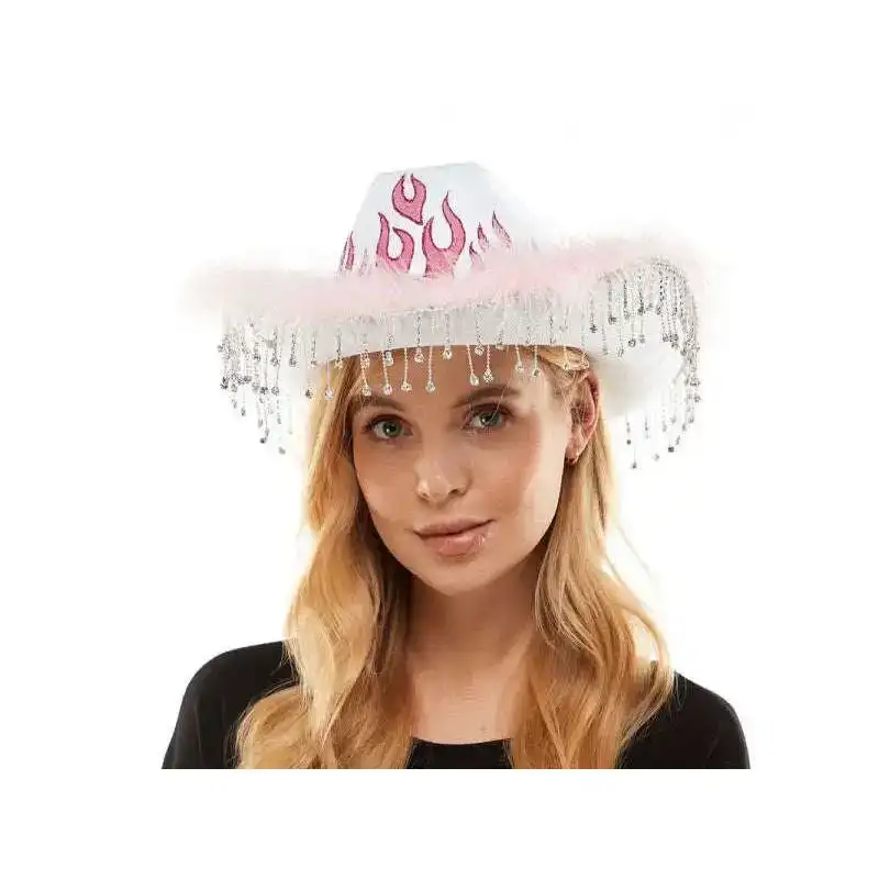 Flaming Cowboy Hat w/ Feathers and Rhinestone Fringe