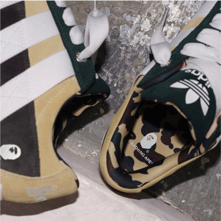 The adidas N x BAPE® is photographed from top down to show the inside and side of the shoe.