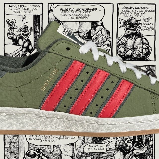 Side profile of green, white and red sneaker against a comic strip backdrop.