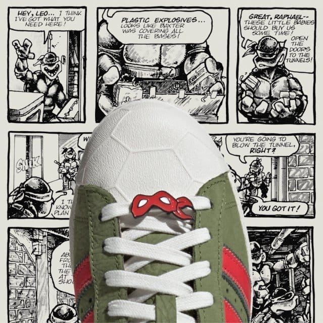 Shell toe of green, white and red sneaker against a comic strip backdrop.