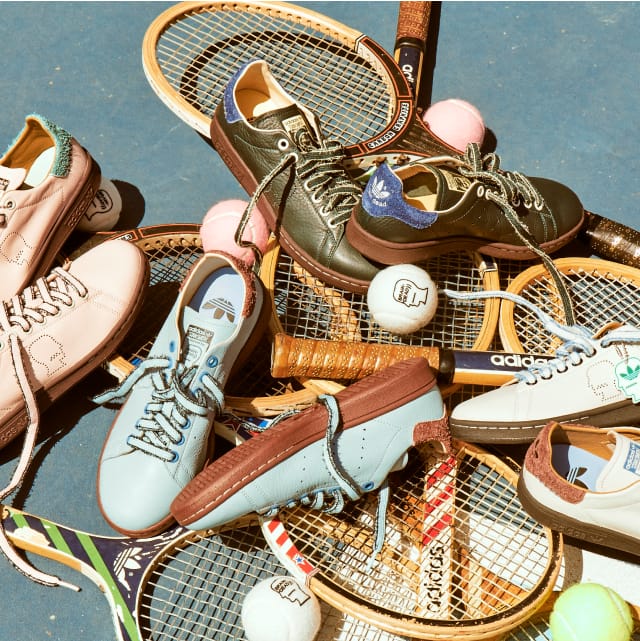 he adidas Originals x Brain Dead footwear collection laid out on a pile of tennis rackets.