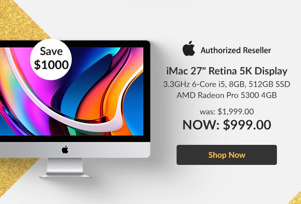 iMac 27 w/Retina 5K Display, 3.3GHz 6-Core i5, 8GB, 512GB SSD, Pro 5300