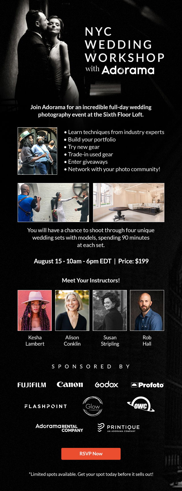 NYC Wedding Workshop with Adorama | You will have a chance to shoot through four unique wedding sets with models, spending 90 minutes at each set. Date: August 15 · 10am - 6pm EDT | Price: \\$199 [Lean More]