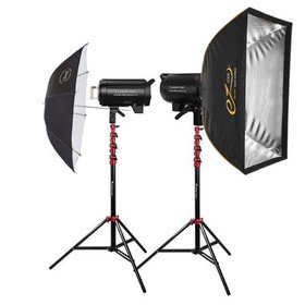 Flashpoint Studio Pro 600 III-V 600W R2 Flash 2-Light Kit with LED Lamp, Bundle with Stands, Softbox and Umbrella