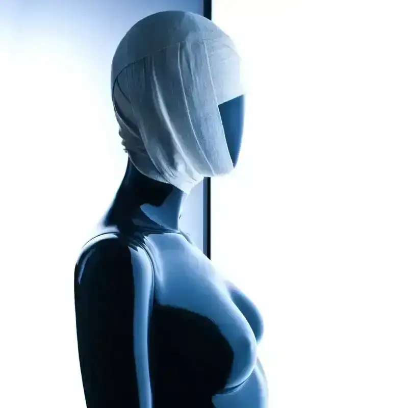 A mannequin with facelift bandages