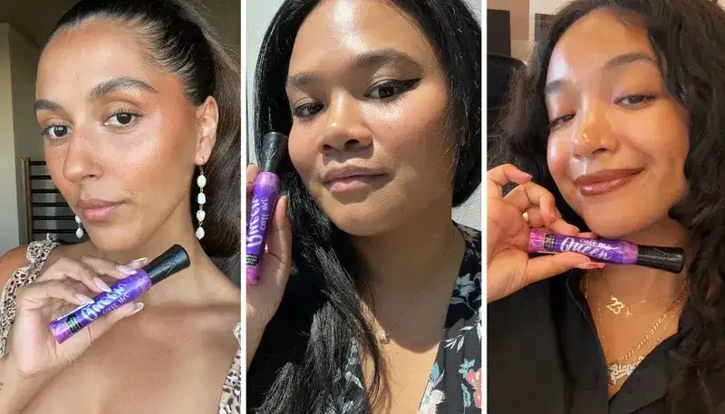 Three women holding a purple mascara tube